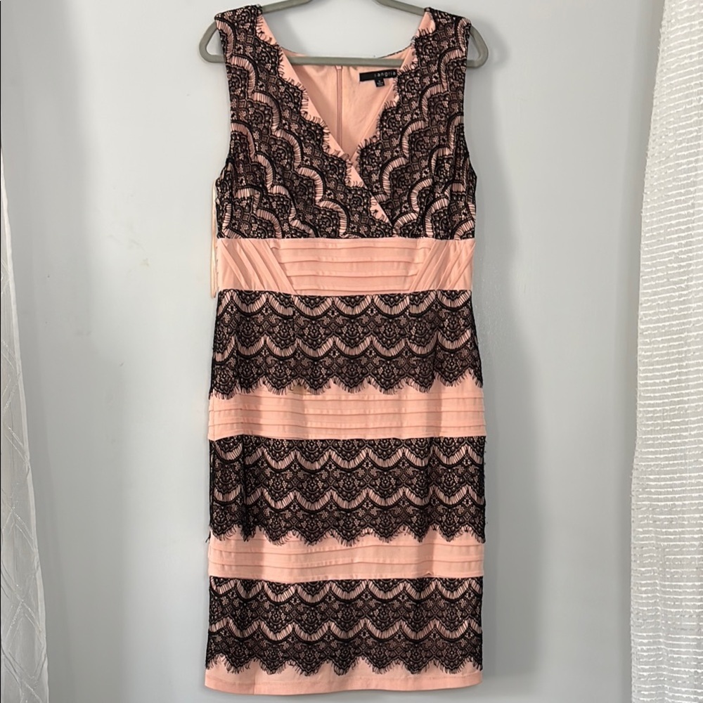 Signature by Sangria Black and Orange Sheath‎ Dress V-Neck Midi